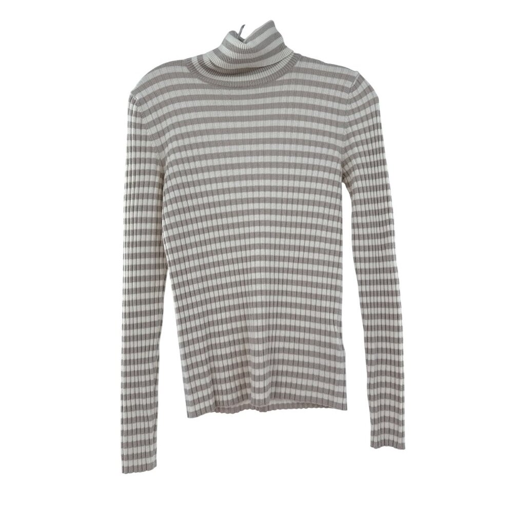 Anna Seravalli Ribbed Checkered Beige & White Turtleneck‎ Sweater Medium